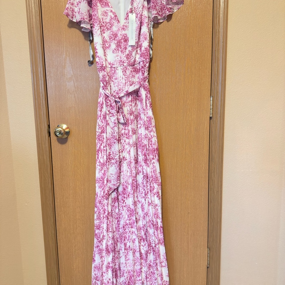 Monique Lhuillier Floral Pink and White Maxi Dress